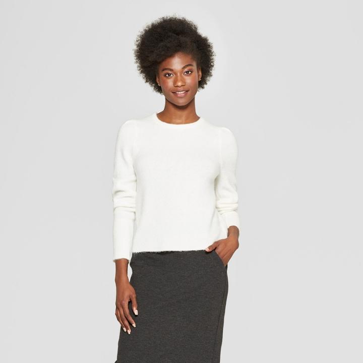 Women's Pleat Sleeve Pullover Sweater - A New Day Cream (ivory)