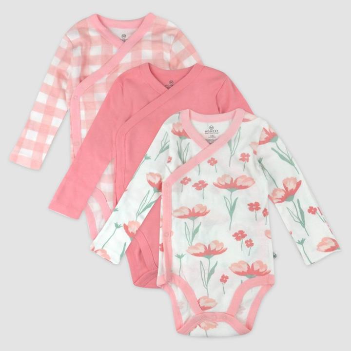 Honest Baby Girls' 3pk Long Sleeve Side Snap Floral Bodysuit - Pink Newborn