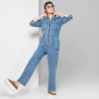 Women's Long Sleeve Collared Zip Front Utilituy Jumpsuit - Wild Fable Medium Wash Xxl, Women's, Blue