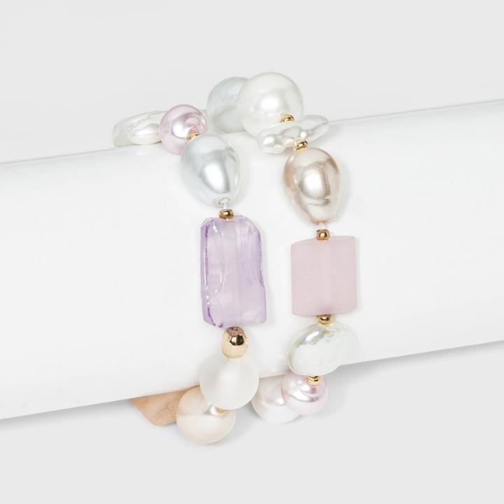 Irregular Pearl And Bead Stretch Bracelet 2pc - A New Day , White