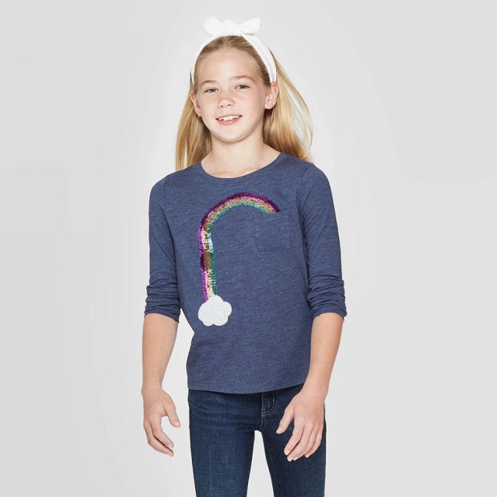 Girls' Long Sleeve Flip Sequin Rainbow T-shirt - Cat & Jack Navy Xs, Girl's, Blue