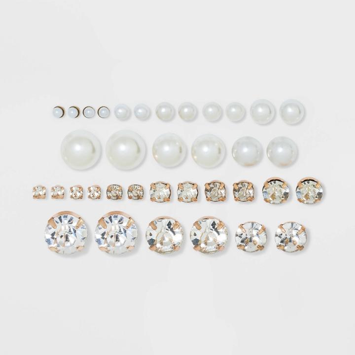 Pearl & Rhinestone Cubic Zirconia Stud Earring Set 18pc - Wild Fable White