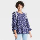 Women's Floral Print Puff 3/4 Sleeve Embroidered Ruffle Top - Universal Thread Blue
