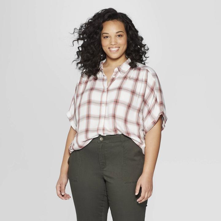 Women's Plus Size Plaid Short Sleeve Camp Shirt - Universal Thread Pink