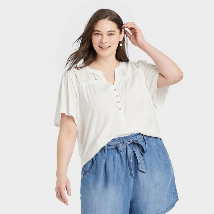 Women's Plus Size Short Sleeve V-neck Eyelet Henley Shirt - Knox Rose Ivory