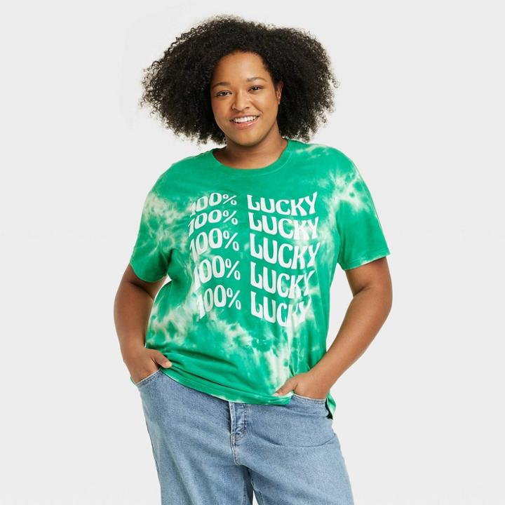 Mighty Fine Women's Plus Size 100% Lucky Short Sleeve Graphic T-shirt - Green