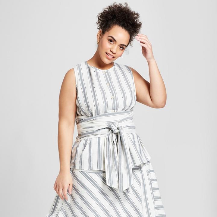 Women's Plus Size Striped Sleeveless Tie Front Button-up Shirt - Who What Wear Blue/white X