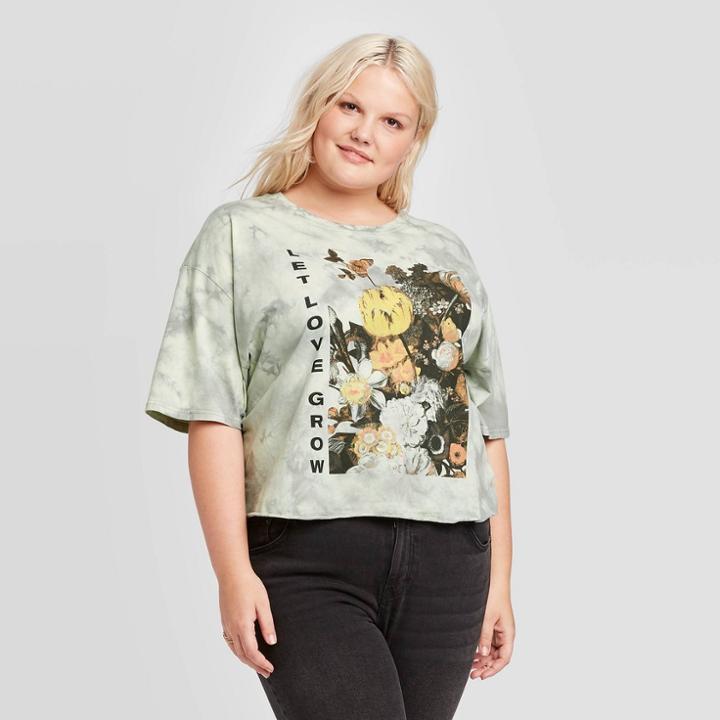Women's Let Love Grow Plus Size Short Sleeve Cropped T-shirt - Mighty Fine (juniors') - Light Green 1x, Women's,