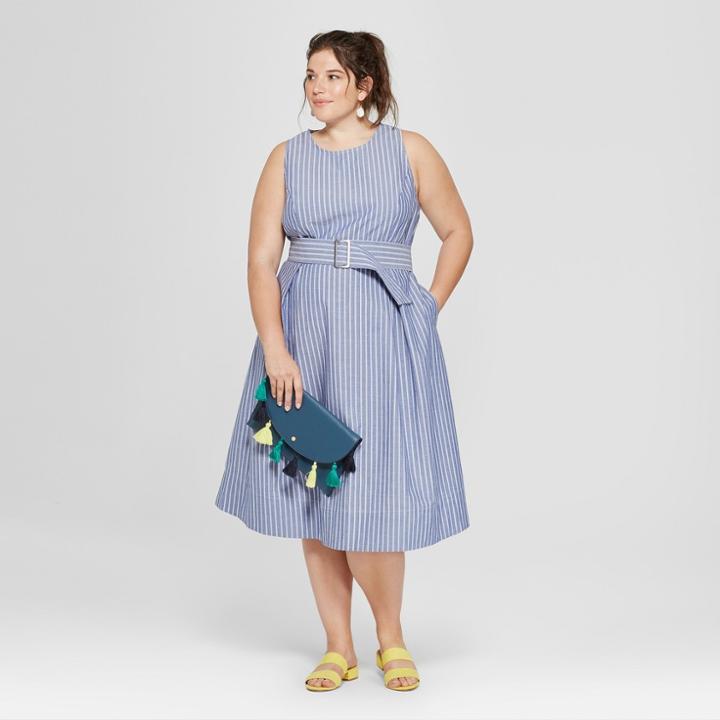 Women's Plus Size Striped Belted Waist Sundress- Ava & Viv Blue/white
