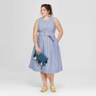 Women's Plus Size Striped Belted Waist Sundress- Ava & Viv Blue/white