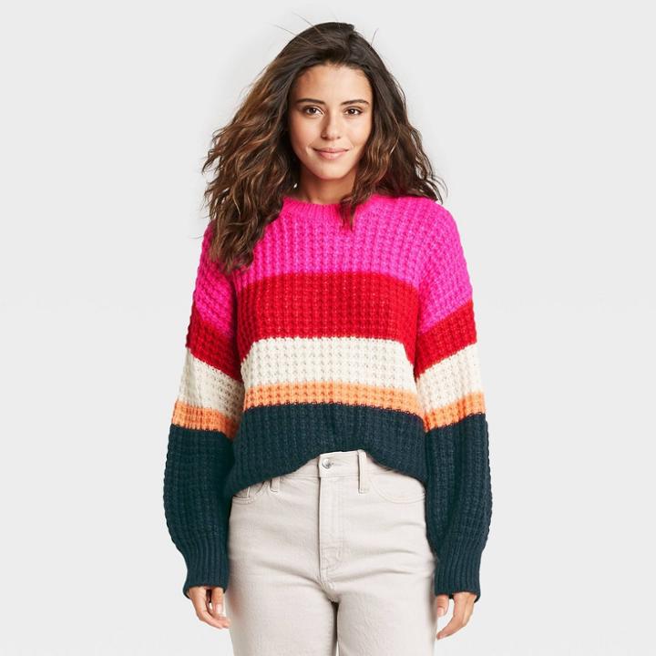 Women's Striped Crewneck Pullover Sweater - Universal Thread Pink
