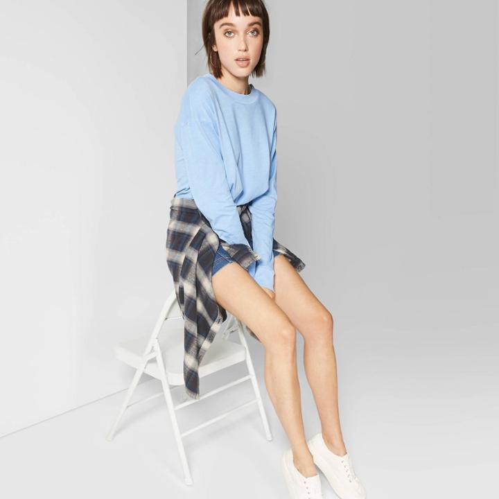 Women's Long Sleeve Crewneck Boxy T-shirt - Wild Fable Aegean Sea Blue M,