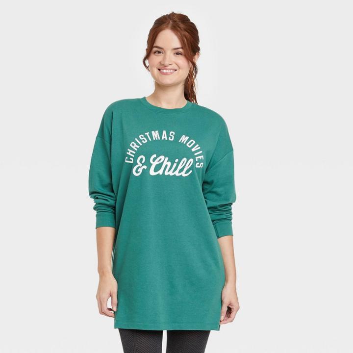 Grayson Threads Women's Holiday Christmas Movies & Chill Long Sleeve Graphic Sweatshirt Dress - Green