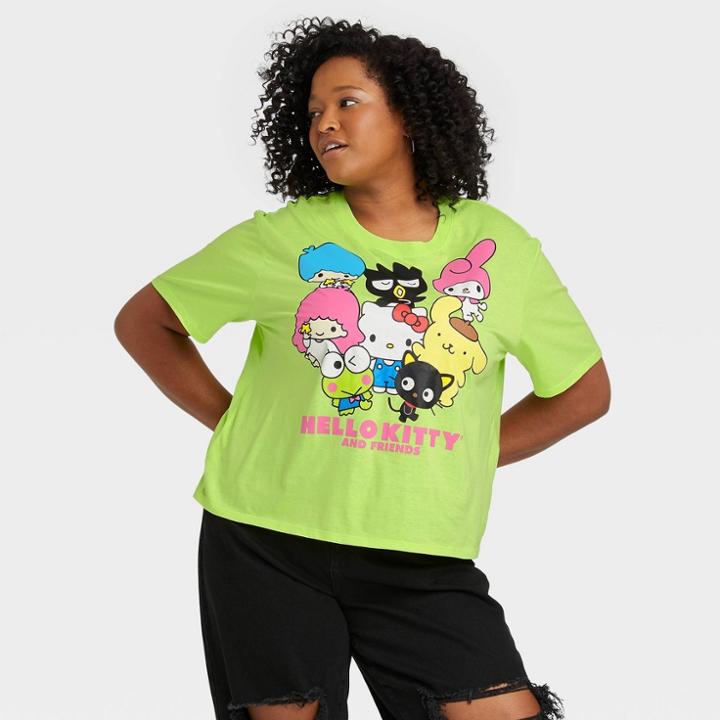 Women's Hello Kitty Plus Size Short Sleeve Cropped Graphic T-shirt - Green