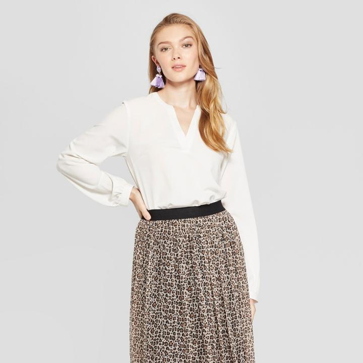 Women's Long Sleeve Crepe Popover Blouse - A New Day Cream (ivory)