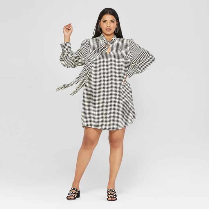 Women's Plus Size Houndstooth Long Sleeve Tie Neck Mini Dress - Who What Wear Black/white X, Black/white Houndstooth