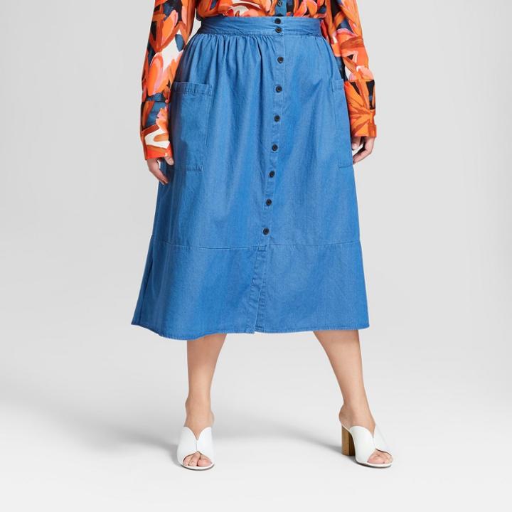 Women's Plus Size Button-down Birdcage Skirt - Who What Wear Blue