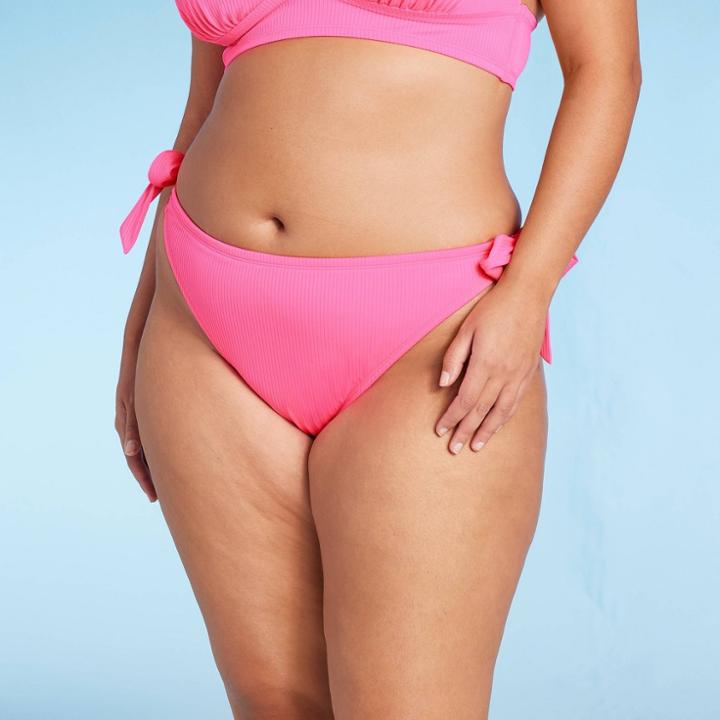 Women's Ribbed Side-tie Scoop Front High Leg Cheeky Bikini Bottom - Wild Fable Pink