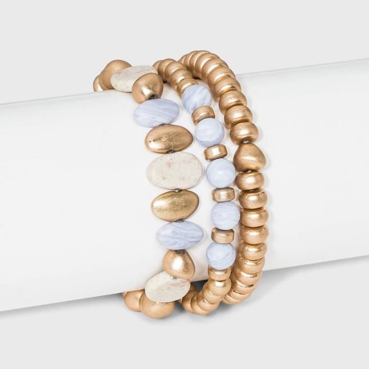 Mixed Bead With Semi-precious Blue Lace Agate Stretch Bracelet Set 3pc - Universal Thread Blue