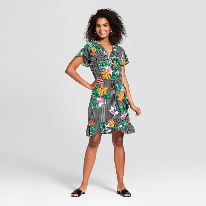 Women's Striped Floral Print Short Sleeve Mini Wrap Dress - Who What Wear Black/white M, Black/white