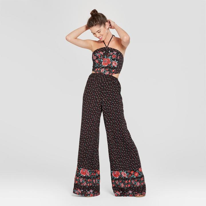 Women's Floral Print Cut Out Halter Jumpsuit - 3hearts (juniors') Black