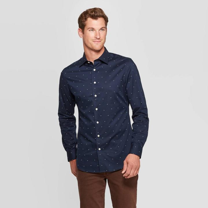 Men's Slim Fit Spacedye Design Button-down Shirt - Goodfellow & Co Navy Voyage L, Men's, Size: Large, Blue Voyage