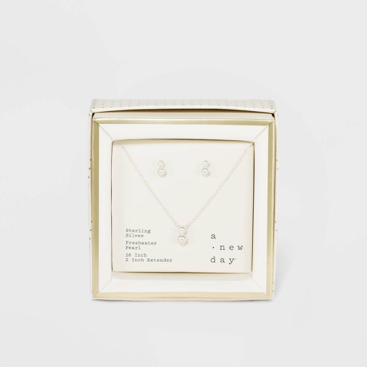 Sterling Silver Pearl Extender Pendant Necklace And Stud Earring Set - A New Day Silver Gray, Women's,