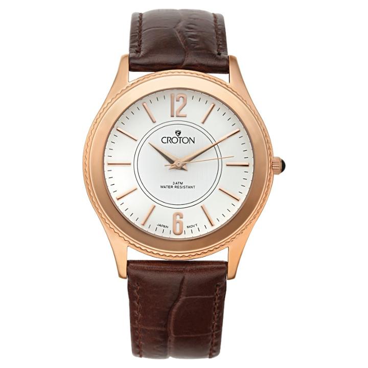 Men's Croton Stainless Steel Watch With Brown Leather Band,