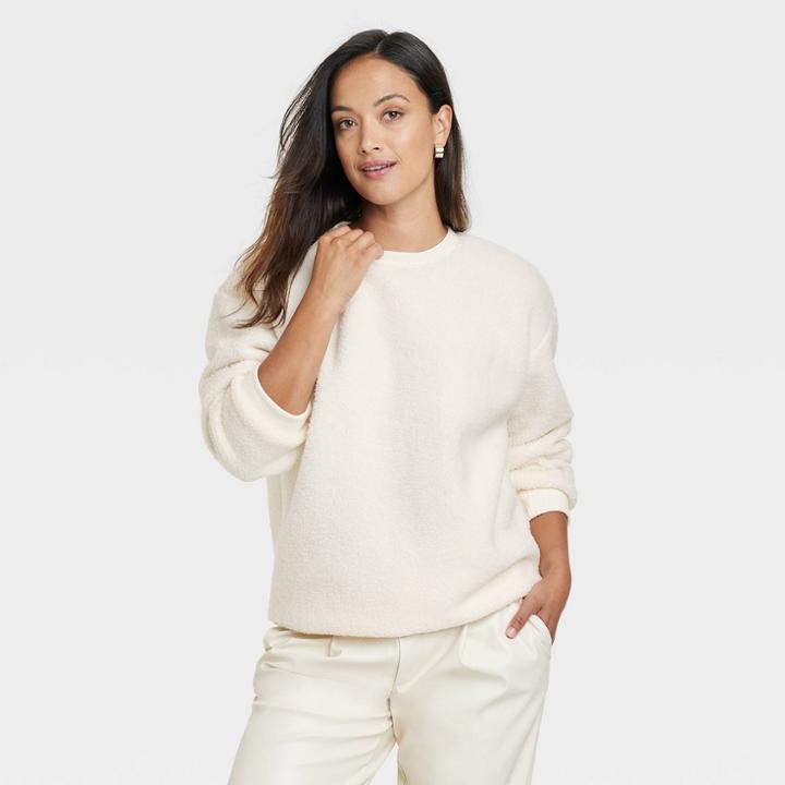 Women's Sherpa Pullover Sweatshirt - A New Day Cream
