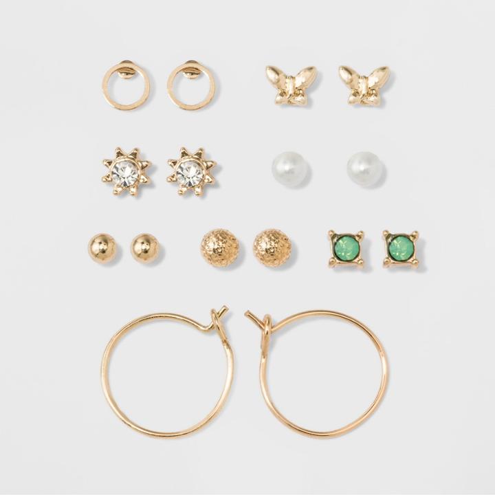 Two Balls, Two Circles, Flower, Pearl, Green Stone & Bow Earring Set - A New Day Gold