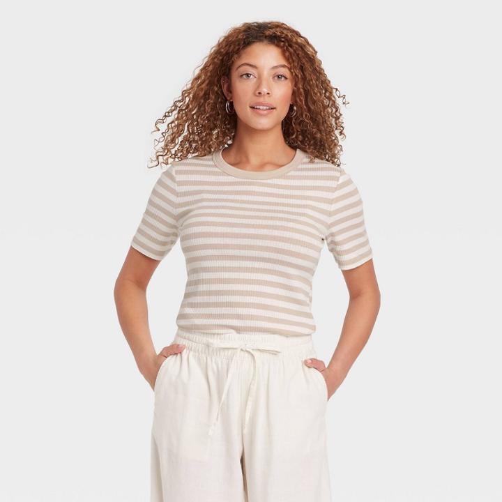 Women's Short Sleeve Rib T-shirt - A New Day Taupe S, Brown