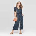 Women's Short Sleeve V-neck Printed Tie Front Wide Leg Jumpsuit - Universal Thread Gray