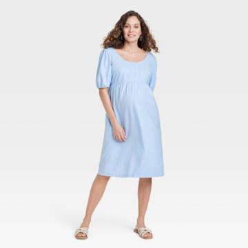 Puff Short Sleeve Linen Maternity Dress - Isabel Maternity By Ingrid & Isabel Blue