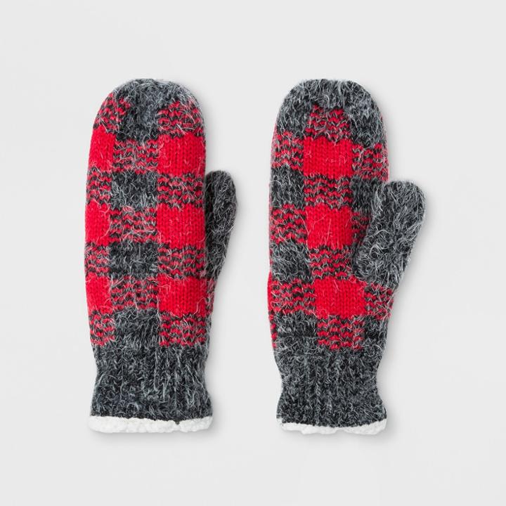Isotoner Women's Chenille/acrylic Feathered Plaid With Sherpasoft Spill Mittens - Red/gray, Ivory