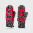Isotoner Women's Chenille/acrylic Feathered Plaid With Sherpasoft Spill Mittens - Red/gray, Ivory