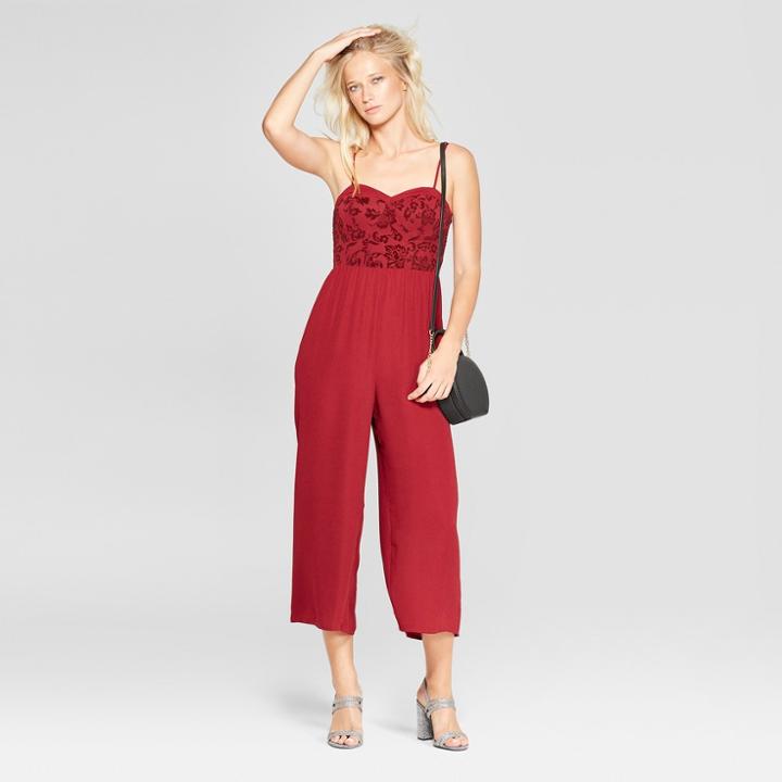Women's Velvet Top Bra Cup Strappy Jumpsuit - Xhilaration Burgundy (red)