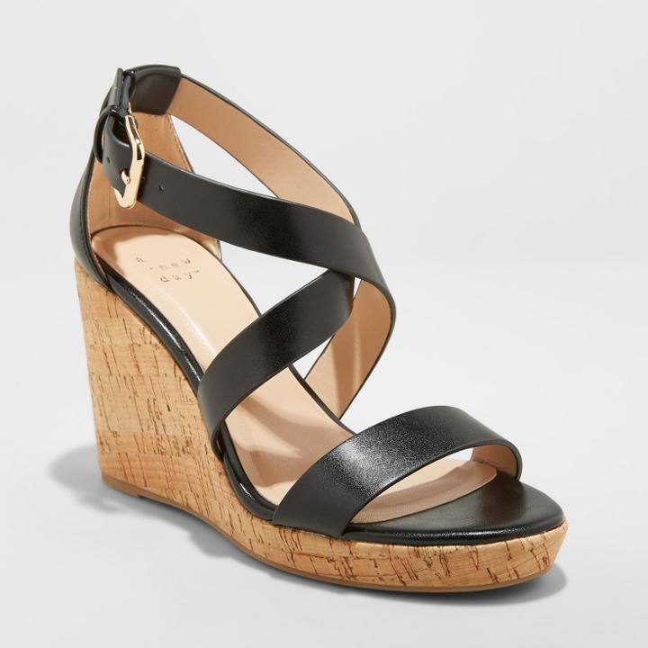 Women's Cecilia Strappy Cork Wedge Ankle Strap Sandal - A New Day Black