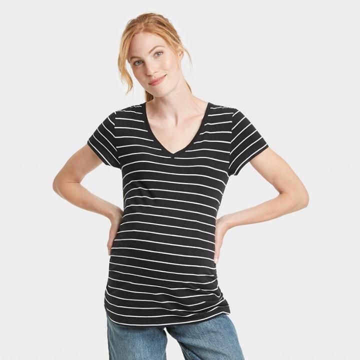 Short Sleeve V-neck Side Shirred Maternity T-shirt - Isabel Maternity By Ingrid & Isabel White/black