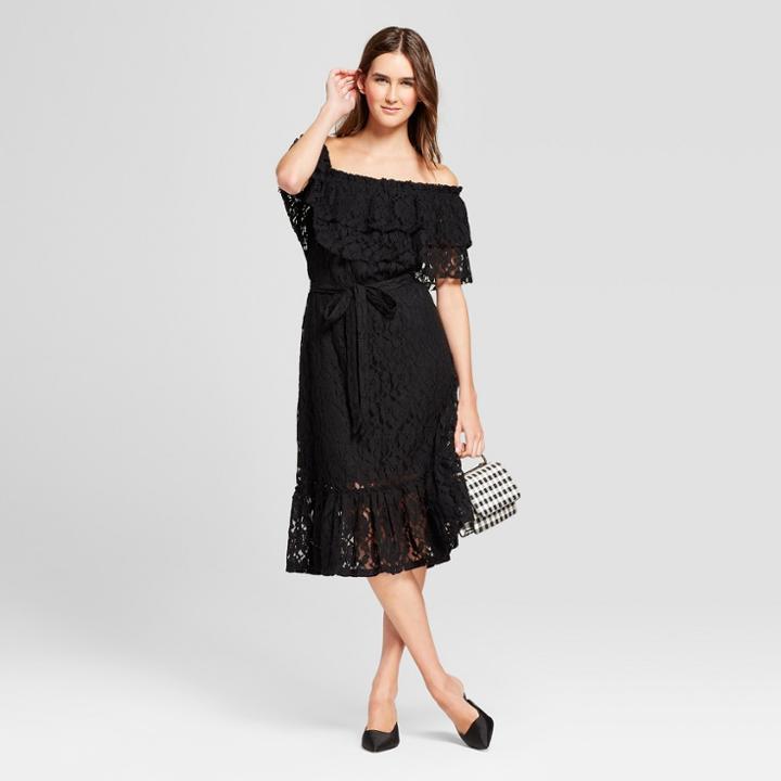 Women's Double Marilyn Off The Shoulder Tie Waist Midi Dress - Alison Andrews Black