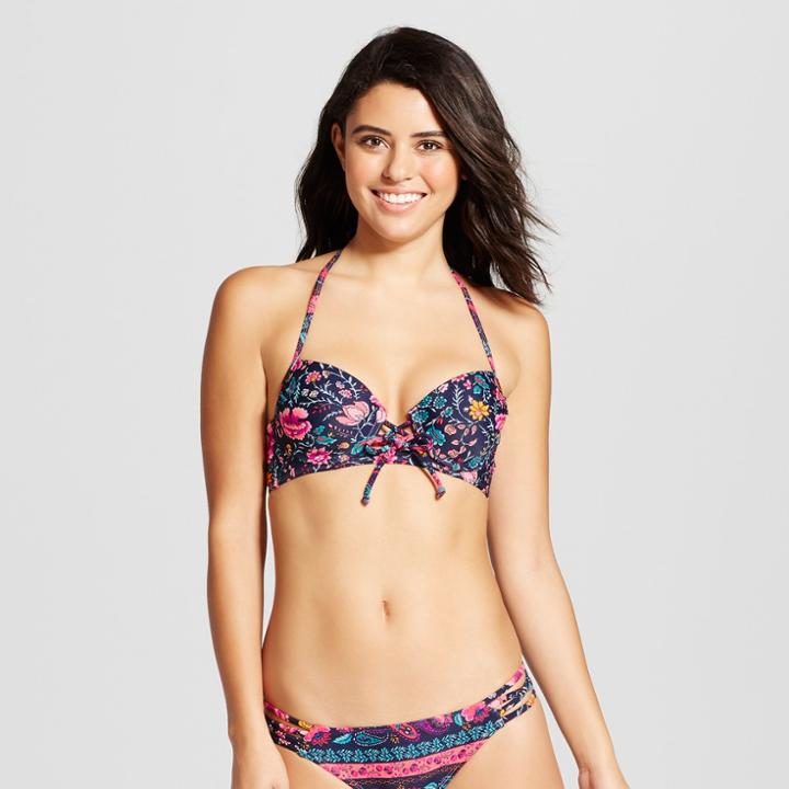 Women's Lace-up Midkini Bikini Top - Xhilaration Navy Floral Paisley