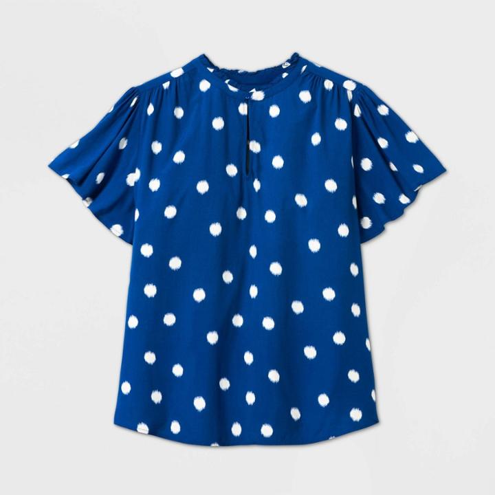 Women's Plus Size Polka Dot Flutter Short Sleeve High Neck Blouse - Ava & Viv Navy X, Women's, Blue