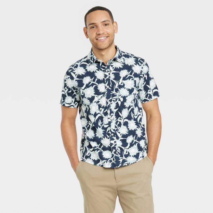 Men's Short Sleeve Knit Button-down Shirt - Goodfellow & Co Navy Blue