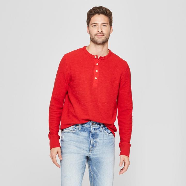 Men's Standard Fit Long Sleeve Textured Henley Shirt - Goodfellow & Co Ripe Red