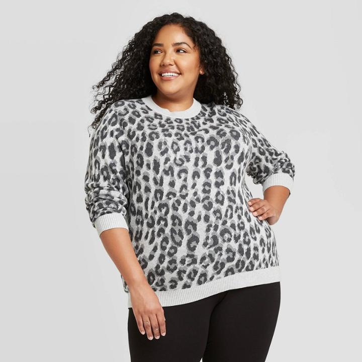 Women's Plus Size Leopard Print Crewneck Pullover Sweater - A New Day Charcoal Gray