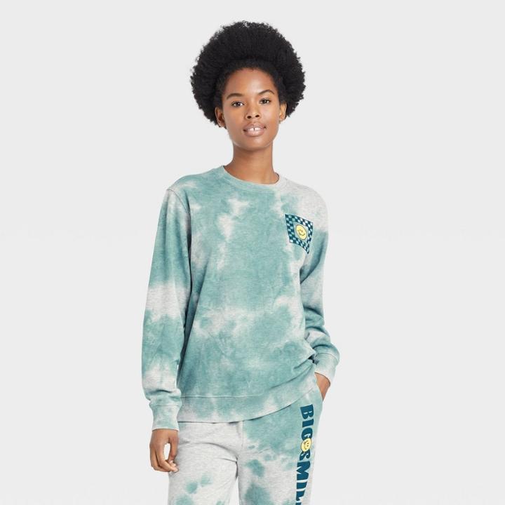Mighty Fine Women's Big Smile Energy Graphic Sweatshirt - Green Tie-dye