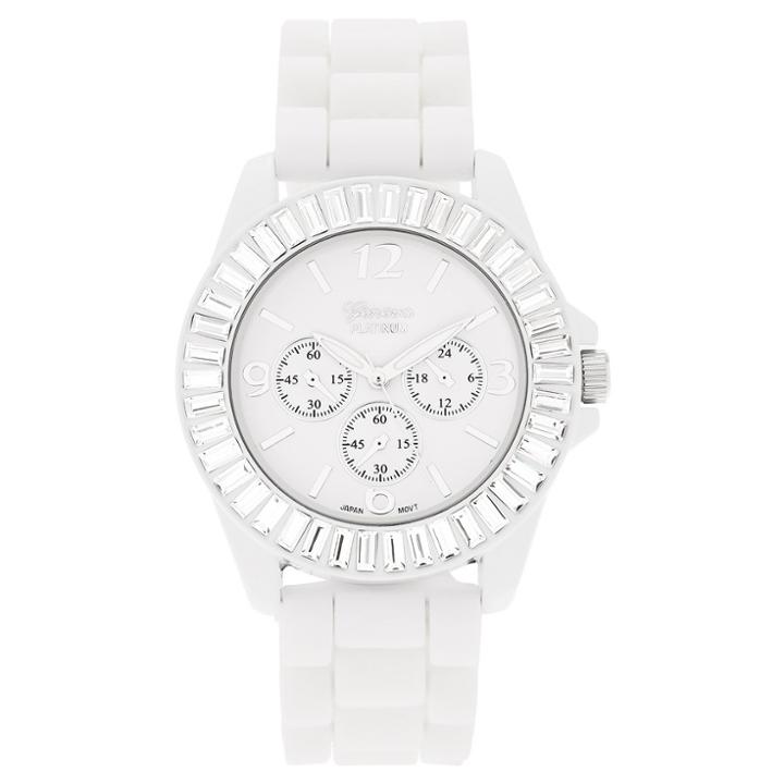 Women's Geneva Platinum Rhinestone Accented Silicone Strap Watch - White