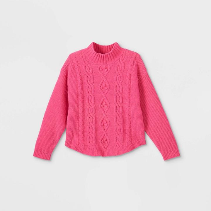 Girls' Cable Knit Mock Neck Pullover Sweater - Cat & Jack Neon Pink