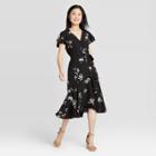 Women's Floral Print Ruffle Short Sleeve Wrap Dress - A New Day Black