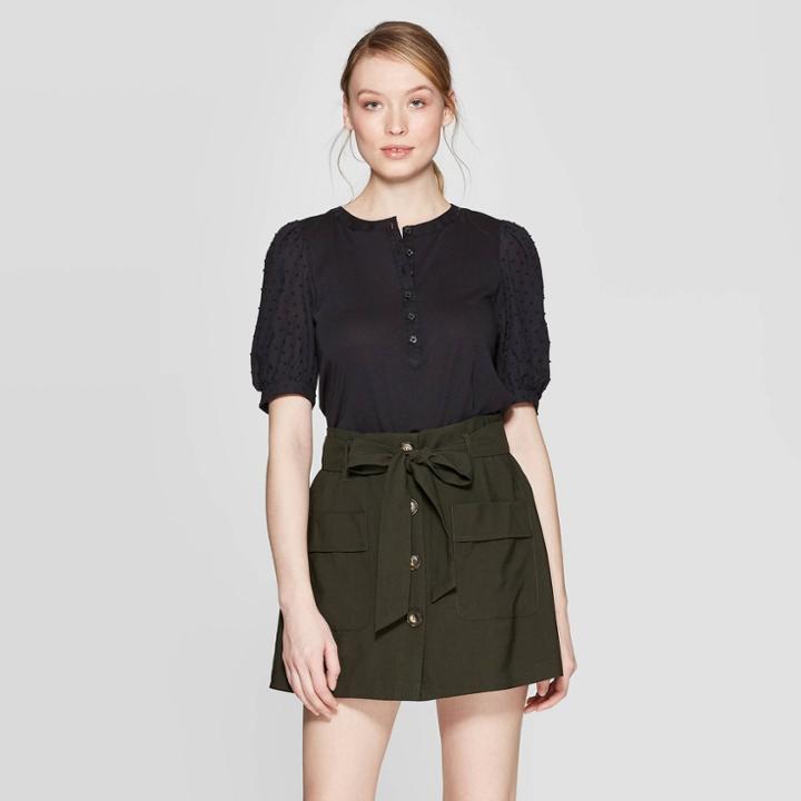 Women's Poplin Elbow Sleeve Crewneck Henley Shirt - Who What Wear Jet Black