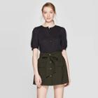 Women's Poplin Elbow Sleeve Crewneck Henley Shirt - Who What Wear Jet Black